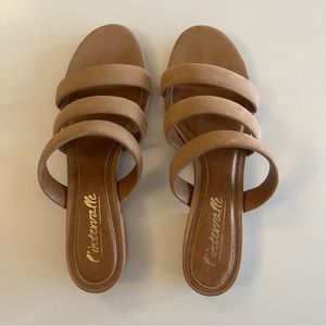 Sold-L’intervalle Strappy Tan Suede Low block heel, size 10.5/40